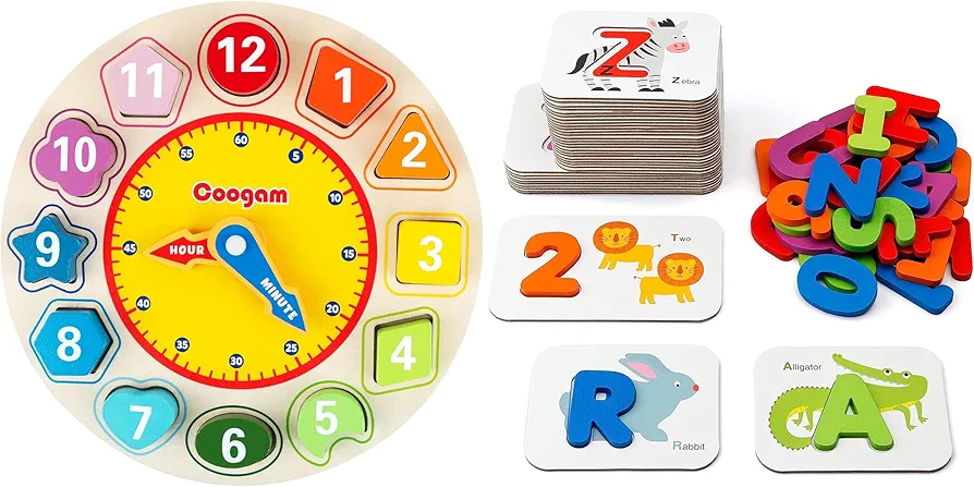 Coogam Wooden Shape Color Sorting Clock + Matching Puzzle Game Montessori Educational Learning Toys Gift for Preschool Kids Age 3 4 5 Years