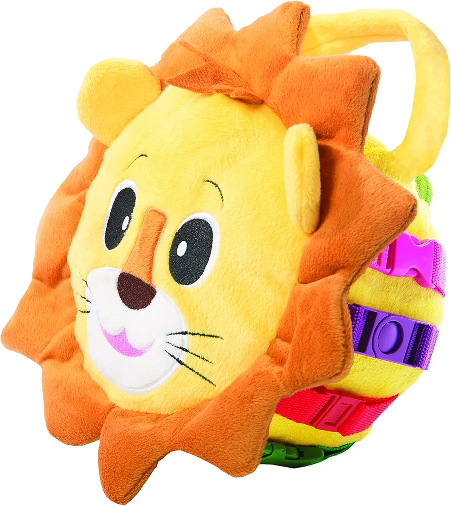 Buckle Toys - Benny Lion - Toddler Plush Activity Toy Stuffed Animal - Great for Homeschool or Preschool - Fine Motor Skill and Cognitive Skill Development - Zipper Storage