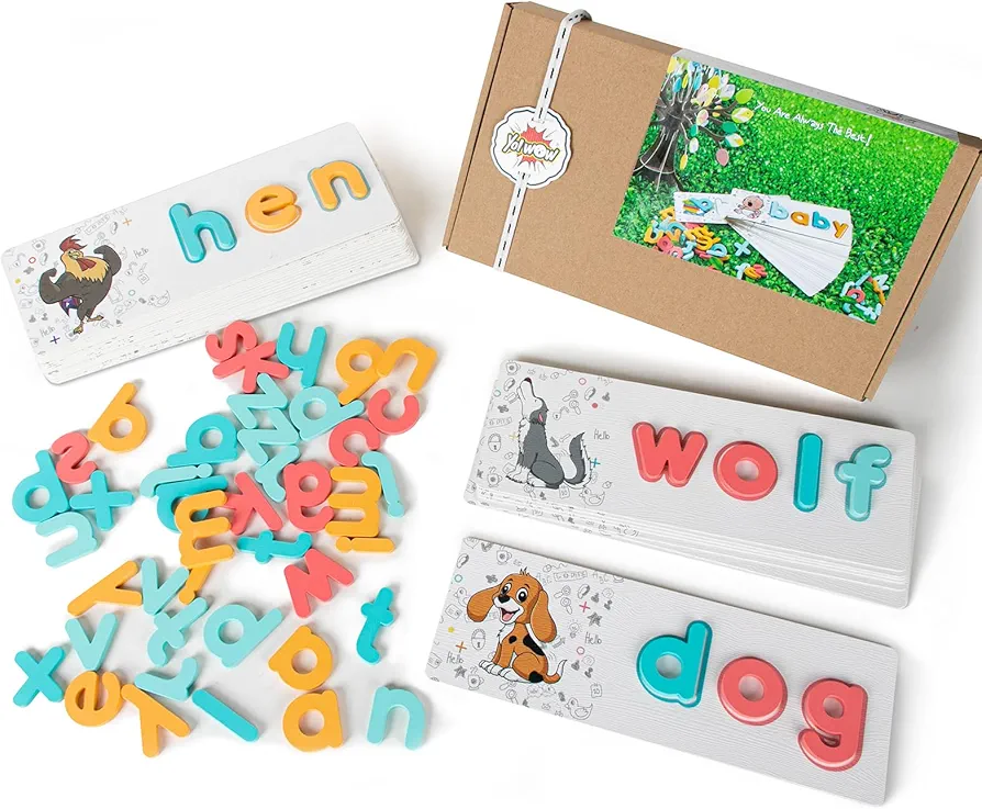 Wooden Lowercase Alphabet Matching Toys, CVC Words Spelling Puzzle for Kids, Montessori ABC Learning Activities, Sight Words Reading Preschool Flash Cards for Toddlers 3+ Year Old