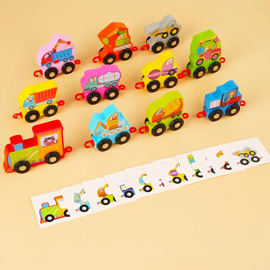 Wooden Train Cars Toy Set Sensory Toys Locomotive Engines Crane Train Accessories with 11pcs Flash Cards Educational Learning Toys for Toddlers Kids Boys Girls Age 3 4 5 6 Years Old