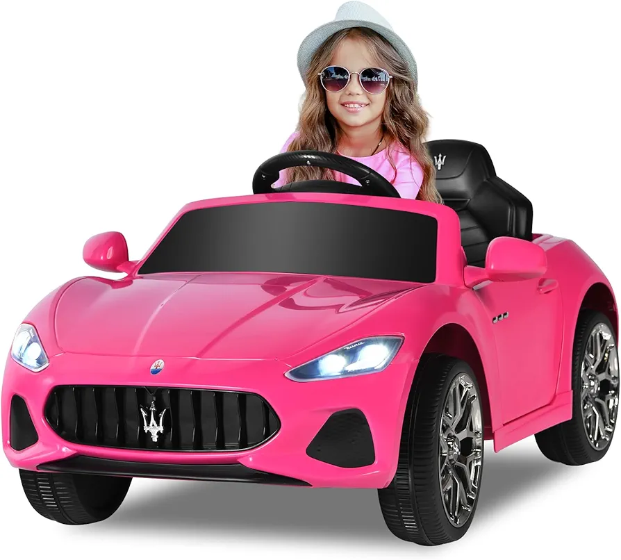 OLAKIDS 12V Kids Ride On Car, Licensed Maserati Electric Vehicle with Remote Control, 4 Wheels Suspension, Battery Powered Driving Toy with Music, Bluetooth, USB, FM, Horn (Pink)