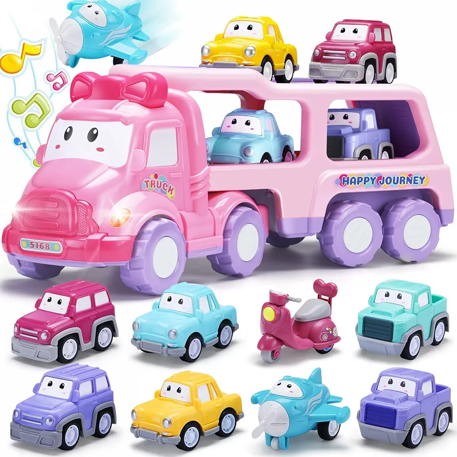 Cartoon Vehicle Toy for Toddler Girl, 9-in-1 Pink Carrier Truck for Baby Girls, Friction Power Transport Car with Light and Sound, Toys for 3 Years Old Little Girl Kid Child Infant Gift Birthday