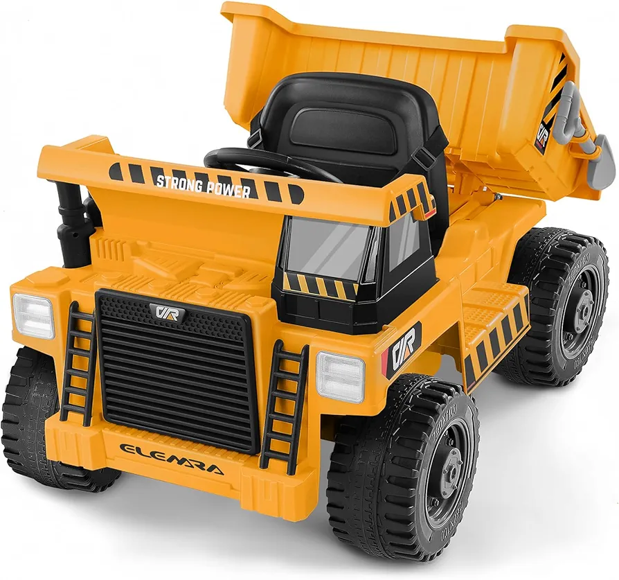 ELEMARA Ride on Dump Truck, Electric Cars for Kids with Dump Bed, Shovel,4.0MPH Max,12V 9AH Ride on Car with Remote Control, Battery Operated Construction Car with Phone Stand, Bluetooth, Music-Yellow