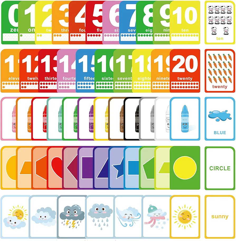 ZazzyKid Flash Cards for Toddlers - 52 Double Sides Cards for Numbers, Colors, Shapes & Weather - Learning & Education Toys for Preschool