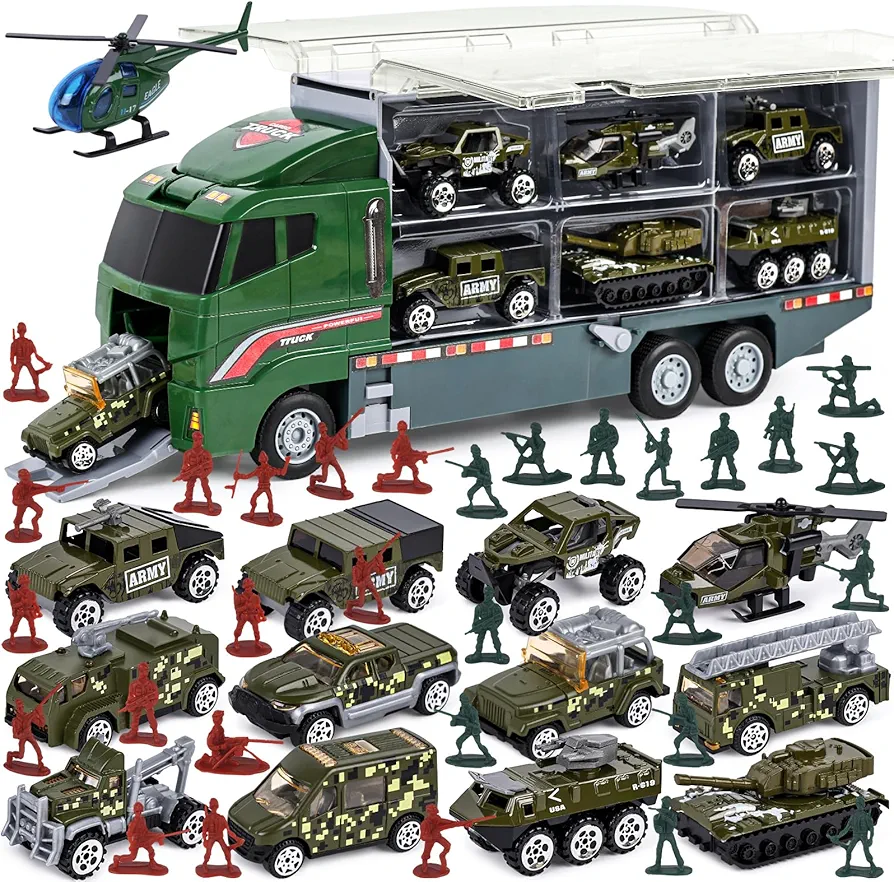 LovesTown 44PCS Large Military Truck Set, 13PCS Mini Die-cast Military Toy Cars in Carrier Truck with 30PCS Army Men Toy Soldiers for Kids Boys Birthday Party Favors