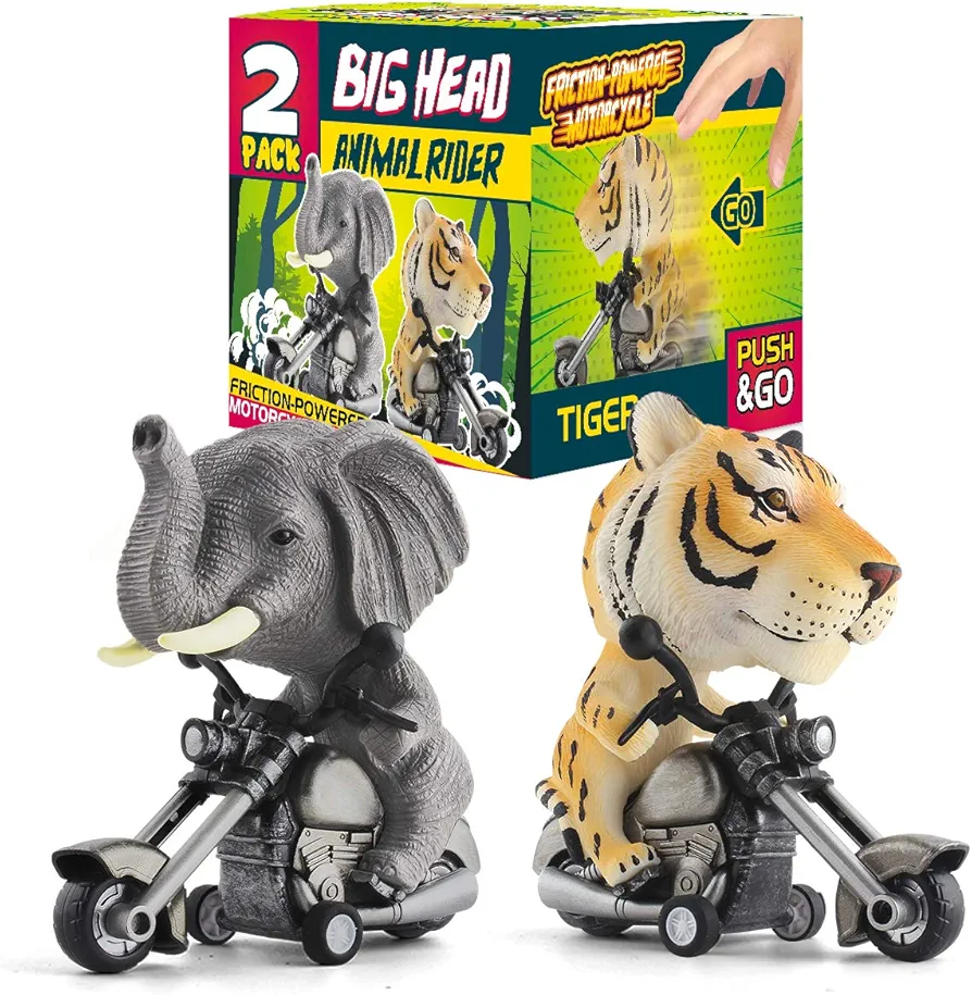 DINOBROS Tiger and Elephant Toys for Kids Toddlers 3-7 Years Old 2 Pack Friction Animal Motorcycle Car Toys for Boys and Girls