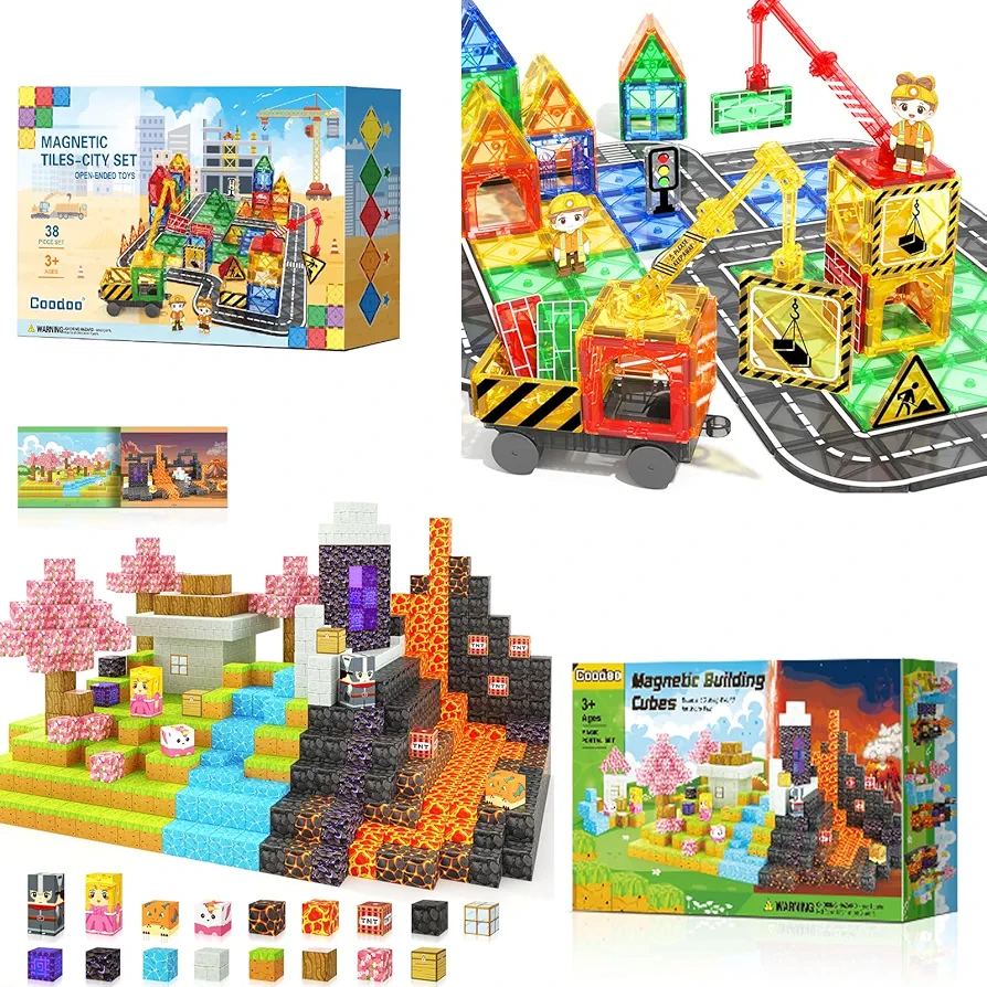 122PCSBuild Mine Magnet&Kids Games Magnetic Tiles with 2 Cranes Construction Toys Set Sensory Toys for Boys Girls Ages 3-6 5-7 8-13, Gifts for 3+ Year Old Boys Girls Toddler Outdoor Kids Toys with Car