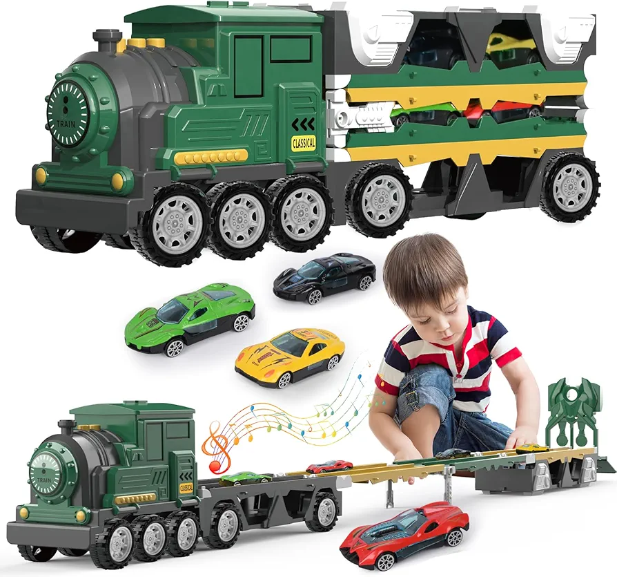 Race Track and Die-Cast Transport Truck Toys for Kids, Toddler Train Toys with Realistic Sound, Carrier Truck Vehicles Car Toys Set for Boys Girls