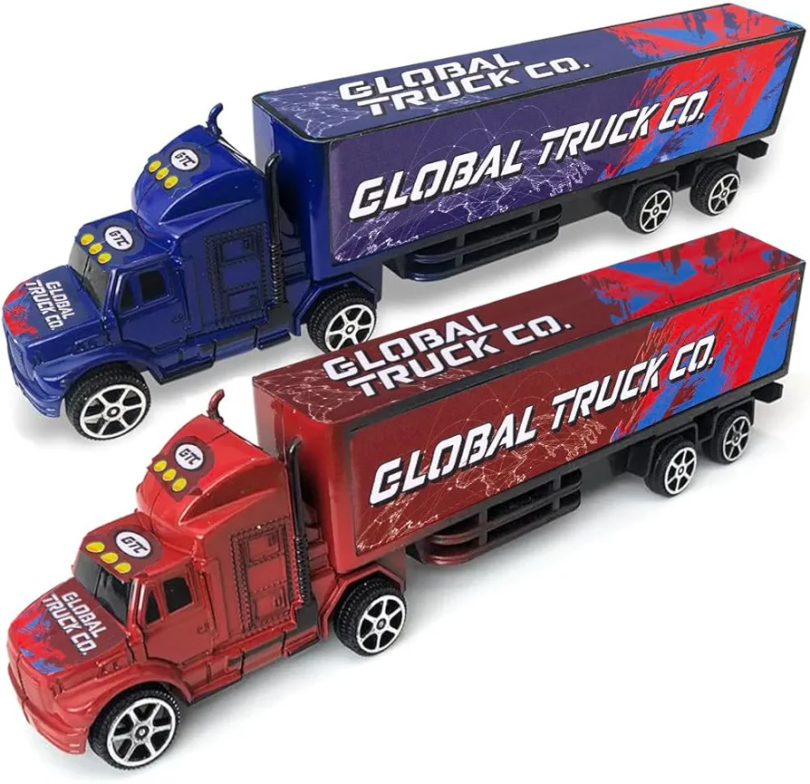 ArtCreativity Pullback Semi Truck Toys, Set of 2, Pull Back Truck Toys for Kids in Red & Blue, Trailer Trucks for Hours of Pretend Play, Unique Car Party Decorations and Boys’ Room Decor