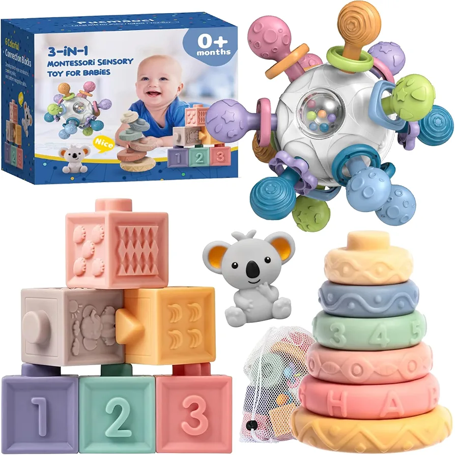 Montessori Baby Toys 3-in-1 Set for Sensory Development, Teething Toys, and Early Education - Gift for Toddler Baby 0-3-6-12-18 Months