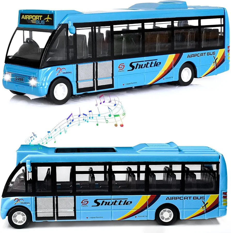 City Bus Toys Cars, Die-Cast Metal Airport Cars for Boy 3-8 Years Old, Pull Back Blue Play Vehicle with Sound and Light Up for Kids Girls Gift