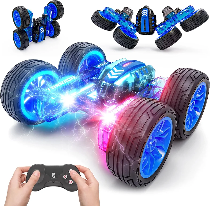 Tecnock Remote Control Car for Boys, 2.4GHz 4WD Mini RC Cars for Kids - 360° Flips Rotating RC Stunt Car with LED Lights, Toys Gifts for Kids