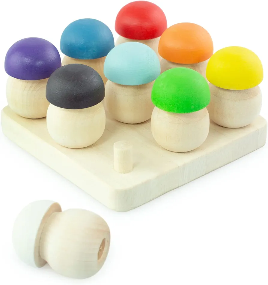 Ulanik Mushroom Glade Toddler Montessori Toys for 3 Year Old + Kids Wooden Mushrooms Game for Learning Color Sorting and Counting Preschool Education — 9 pcs