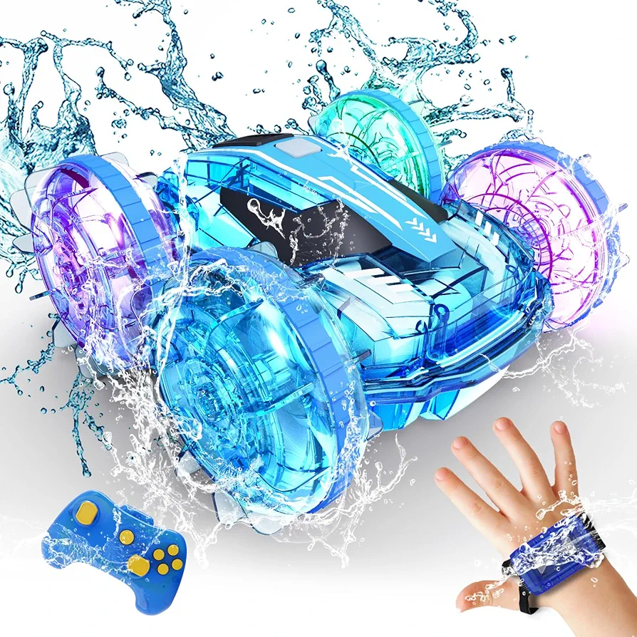 Tecnock Amphibious Remote Control Car Boat for Kids, 4WD RC Stunt Car with Waterproof Remote Control, 2.4GHz Gesture RC Cars with LED Lights, Water Pool Toys Gifts for Boys, Girls