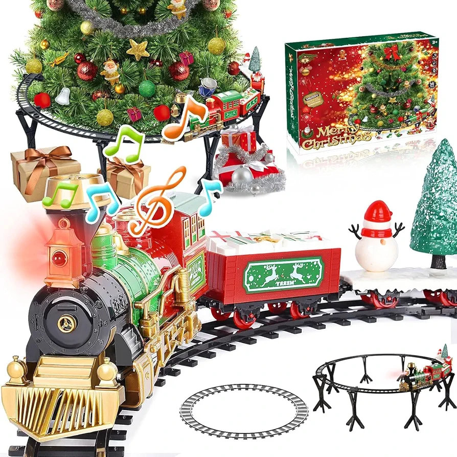 Christmas Train Set Around and Under The Tree, Electric Train Set with Lights Sound, Battery Operated Kids Train Toys with Locomotive Engine Cars Tracks, Gift for Boys Girls