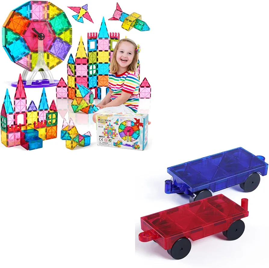 Jasonwell Magnetic Tiles Building Blocks Set for Boys Girls 2 Pack Magnetic Car Truck Wheels Set