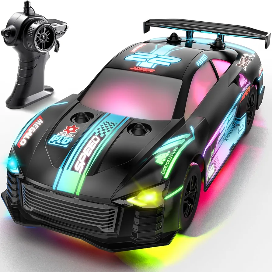 RC Drift Car, 4WD Remote Control Vehicle with LED Lights, 2.4GHz Race Car with Drifting & Racing Tires, 2 Rechargeable Batteries, Gifts Toys for Kids Boys Girls Adults