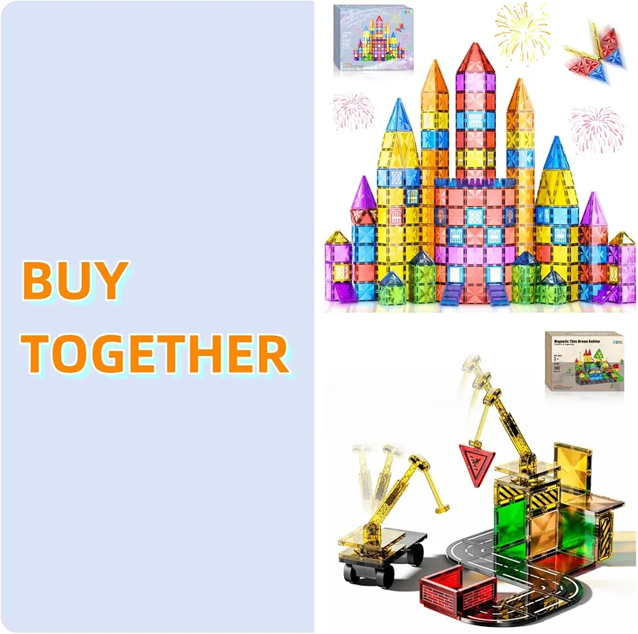 102 PCS Diamond Magnetic Tiles + 100 PCS Construction Magnetic Tiles with Road and 2 Cars, Magnetic Building Blocks for Kids Age 3-5 4-8 8-12, Sensory Toys for 3+ Year Old Boys and Girls