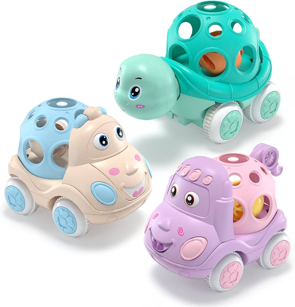 Baby Car Toys, Gifts for Baby Girl, Rattle & Roll Cars for Infant Toddler Girls, Push and Go Truck Rattles for 1 2 One Year Old Birthday Gift for Babies Toddlers Infants