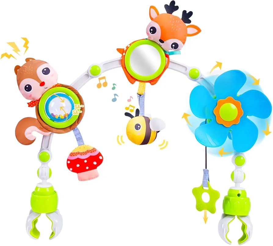 Koty Baby Stroller Arch Toy with Teether, Rattle, Crinkle Sound, Mirror & Music Box, Newborns Sensory Activity Carrier Take-Along Toy, Adjustable for Bouncers, Car Seat & Pram 0M+(Deer)