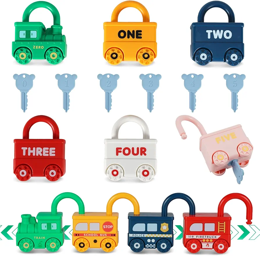 Kizmyee Montessori Lock and Key Car Toys, Sensory Matching & Sorting Early Learning Toy with Number for Preschool Children, Boys and Girls 18+ Months Old