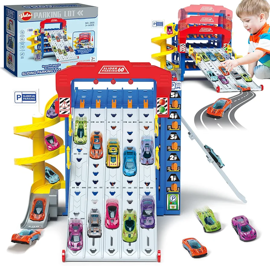 VATOS Sliding Track Truck Car Toy, Parking Toy Storage Track Car Toy with 10 Cars for Boys Ages 3 4 5 6 7 8, Birthday School Year Gift Car Set for Boys Girls Toddlers 3-5