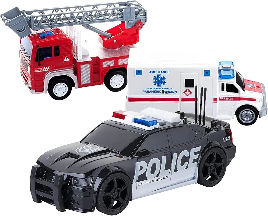 Friction Powered City Hero Play Set Including Fire Engine Truck, Ambulance, Police Car for Kids, Boys and Girls - 3-Pack Emergency Vehicles with Light and Sound