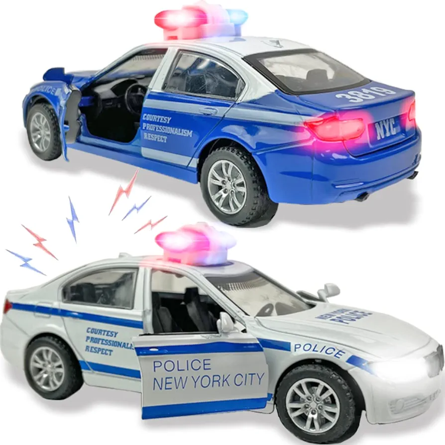 2 Pack Metal Diecast NY Police Cars Pull Back Battery Powered with LED Headlights and Siren Sounds 1:32 Scale