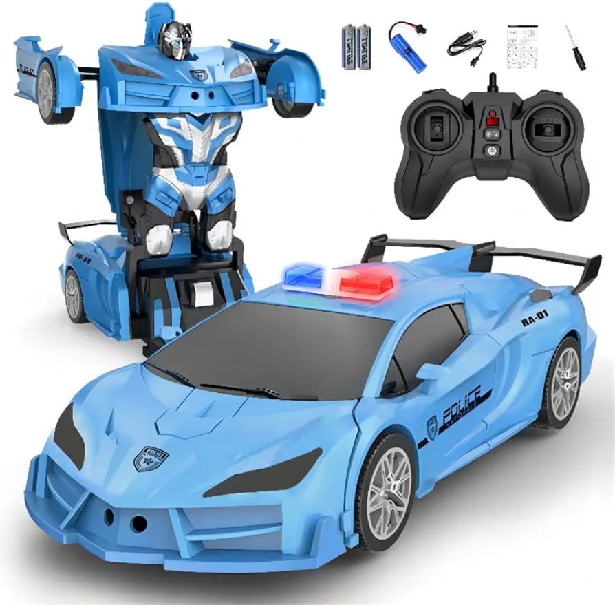 Remote Control car - Transform Robot RC Cars, one Button Deformation and 360 ° Rotation Drift,Transform police car toy Over 6+ Years Old (Blue)