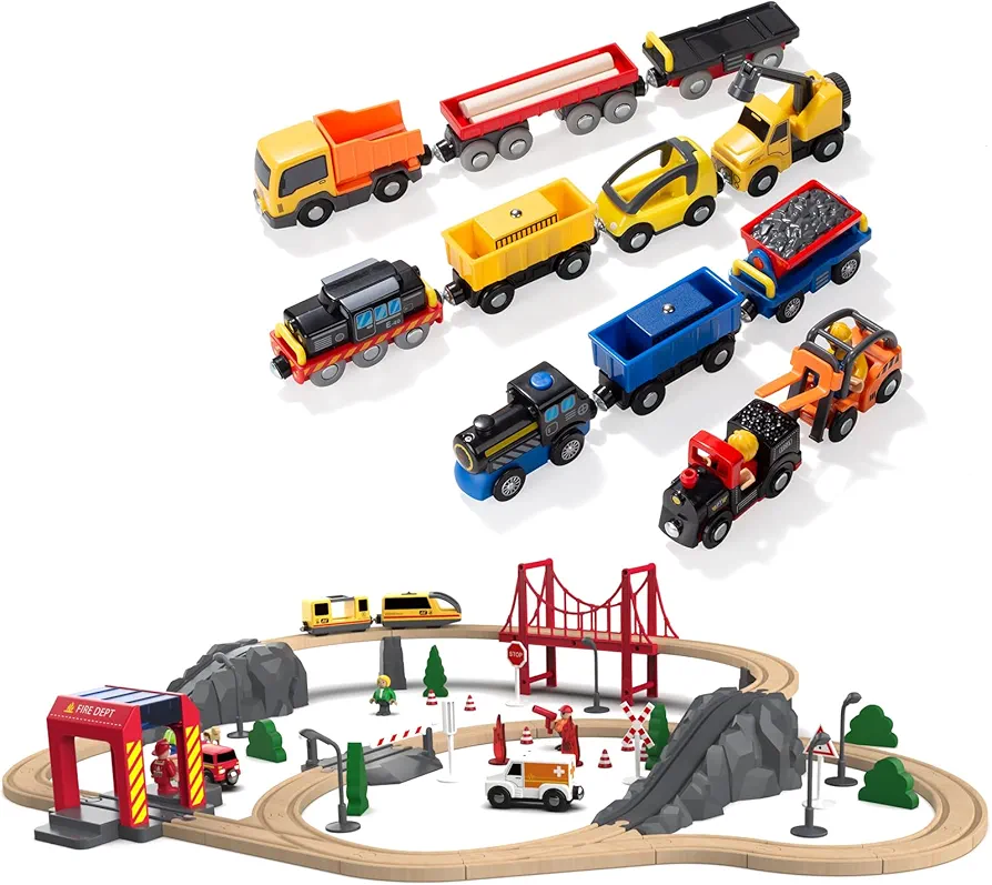 Giant bean 72PCS Fire Station Wooden Train Set with 12 PCS Vehicles Magnetic Battery Operated Train Car Set Accessories