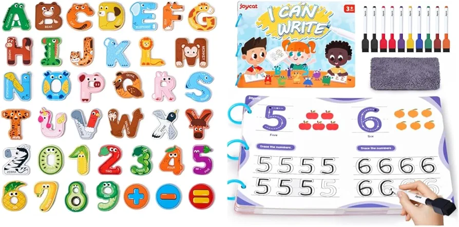 Preschool Learning Activities 48 Reusable Pages, Handwriting Practice for Kids Toddlers + Magnetic Letters and Numbers Fridge Magnets, 26 Uppercase Letters 0-9 Numbers