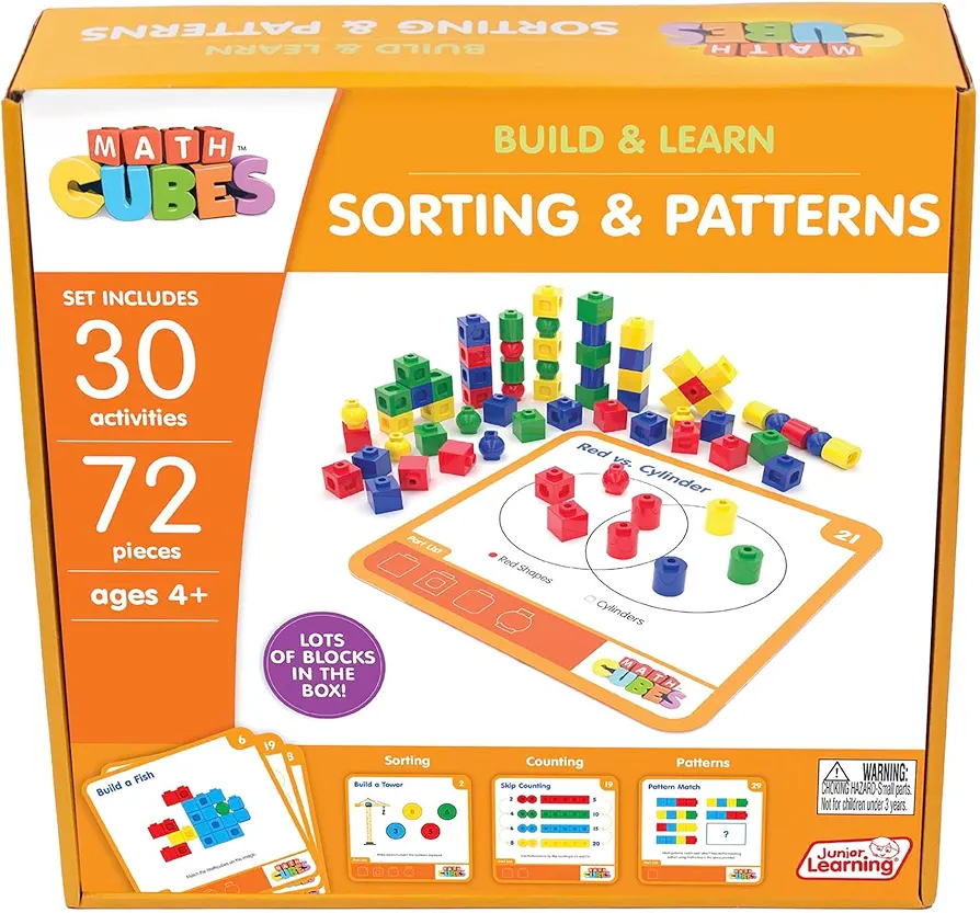 Junior Learning: Mathcubes - Sorting & Patterns - 30 Activity Set, Build & Learn, Hands On Math, Developmental & Education Set, Kids Ages 4+