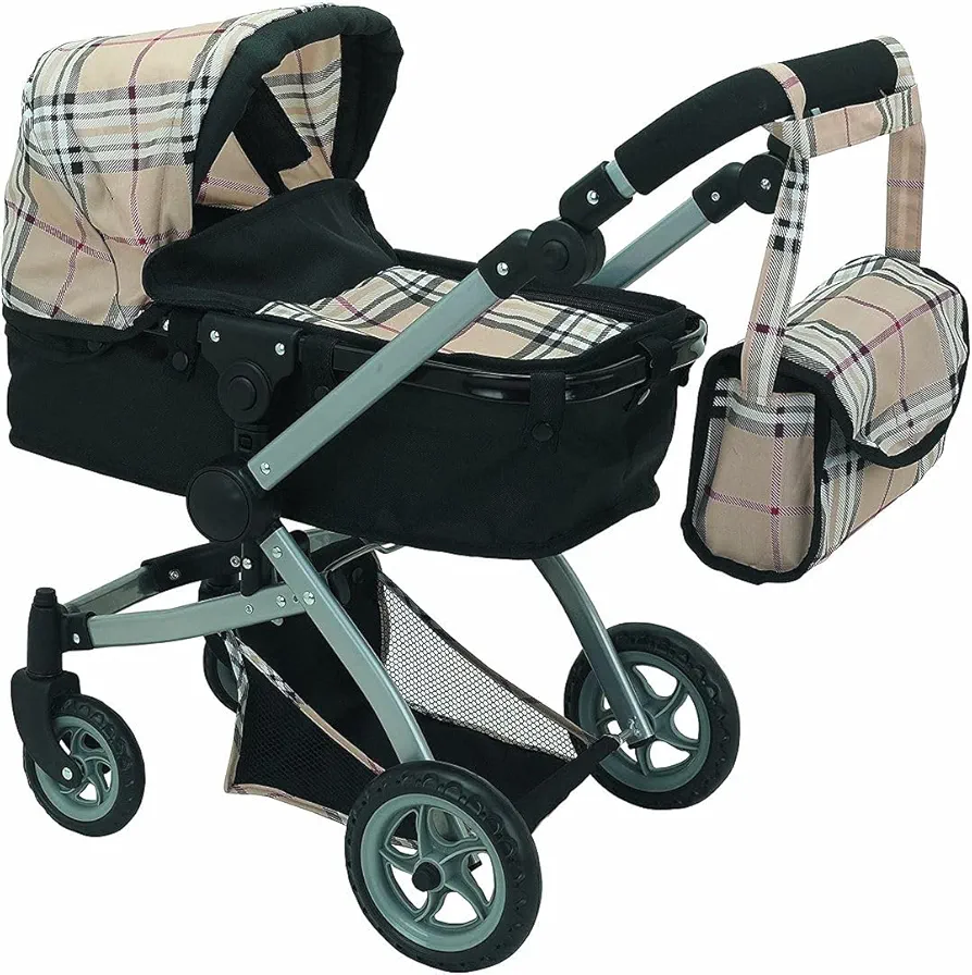 Mommy & Me Babyboo Doll Pram Foldable Doll Stroller with Basket, Convertible Seat, Adjustable Handle, Swiveling Wheels, and Free Carriage Bag - Beige Plaid