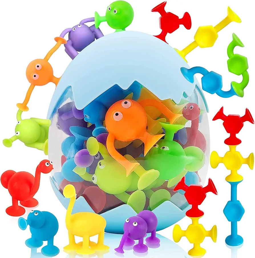 Bath Toys Suction Cup Toys 27 PCS Silicone Suction Travel Toys Window for Kids Ages 3-8 Boys Girls Sensory Toys with Dinosaur Eggshell Silicone Animal Sucker Toys