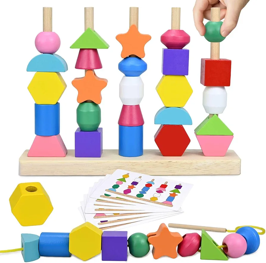 Montessori Toys for 3 4 5 6 Year Old Kid Boys Girls, Wooden Lacing Beads Sequencing Toy Set, Preschool Learning Shape Color Sorting & Stacking & Matching, Baby Gifts for Toddlers Age 3-6