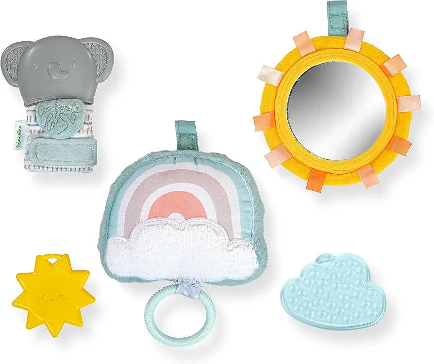 Ingenuity Calm Springs Soothing Essentials Gift Set - Musical Toy, Rattle, Mirror, 2 Teethers for Baby