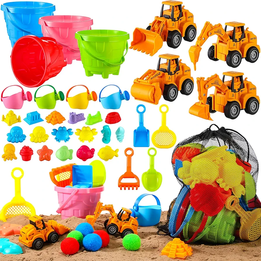 68 Pcs Beach Toys for Aged 3-10 Beach Sand Toys Include Sand Buckets Construction Cars Rake Sieve Shovel Set Ocean Animal Castle Molds Watering Cans Water Balls Mesh Beach Bags for Summer