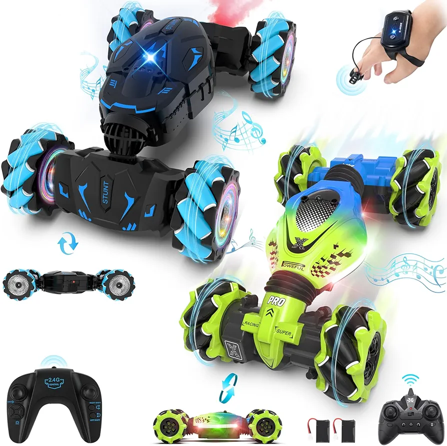 Pristar Gesture Sensing RC Stunt Car, RC Cars Toys for Boys Girls 6-12, 2.4Ghz 4WD Remote Control Car with Lights Music Double Sided Flip 360° Rotate Off-Road, Birthday Gifts for Kids Age 6-12, 2 Cars