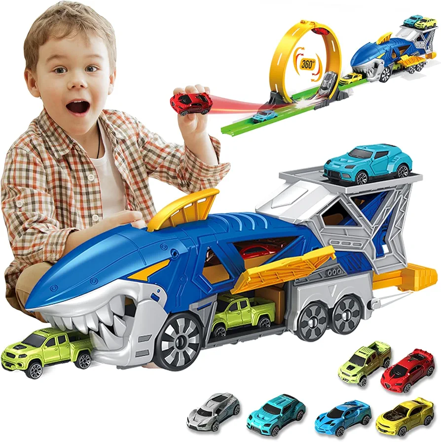 Shark Toy Car Track Set, Loop and Launcher Race Car Toys, Truck for 3-9 Year Old Boys and Girls, Shark Toys Carrier Vehicle for Kids 3-5, Gifts for 3 Plus Year Old Boy Toys