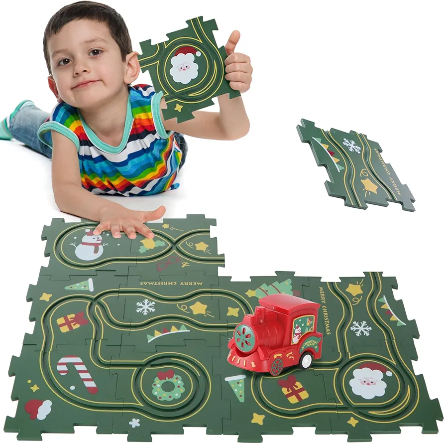 Puzzle Racer Kids Car Track Play Set Toddler Puzzle DIY Assembling Electric Trolley, Children's Educational Montessori Toys Christmas Stocking Stuffers Gift for 3+ Year Old Boys Girls