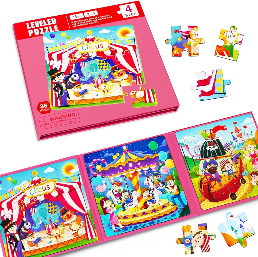 Magnetic Puzzles for Kids Ages 3-5, Toddler 3 in 1 Circus Jigsaw Puzzle Book, Kids Travel Puzzles Toys, Montessori Preschool Learning Toy for 1-5 Year Olds Girls