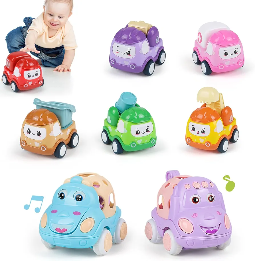 Baby Mini Pull Back Car Set for Toddlers 1-3, Rattle Roll Soft Car Toys for Infant, 8 PCS Push Vehicles Toy Car with Storage Box, Friction Powered Vehilces Idea Gifts for Boys Girls