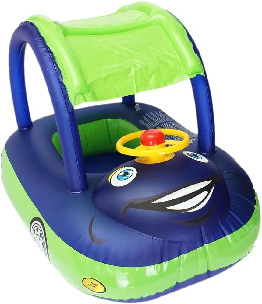 Baby Pool Float with Canopy Summer Steering Wheel Sunshade Swim Ring Car Inflatable Toys Infants Float Seat Boat for Kids Toddlers