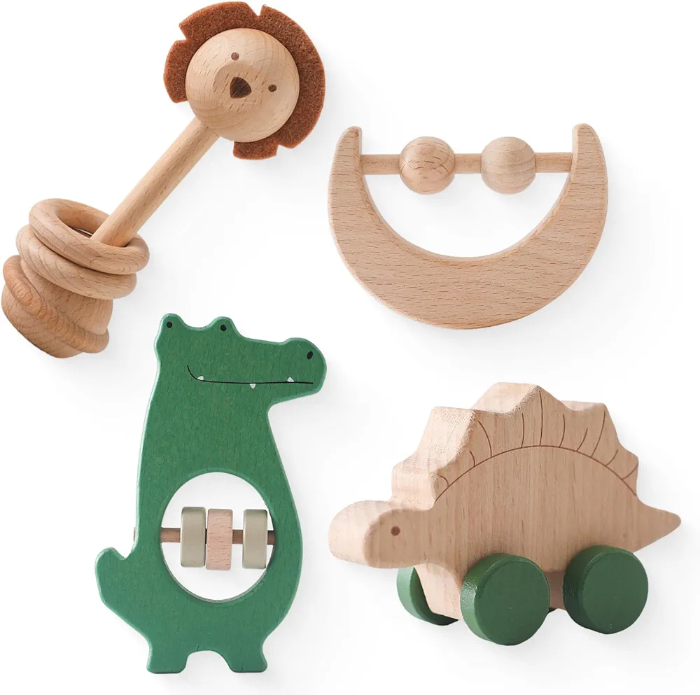 Wooden Baby Toys 4 Pcs Montessori Toys Set Wooden Rattles Grasping Toys Wood Ring,Pick-up Dinosaur Car Toy Set