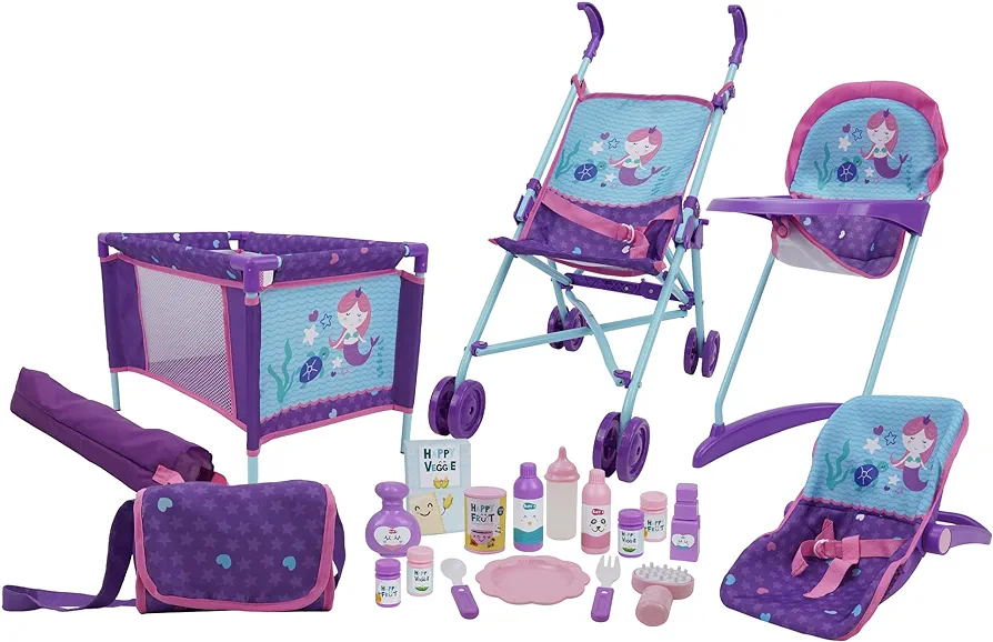 509 Crew Mermaid 21 Piece Set: Doll Stroll n Play & Care Set - includes Stroller, Car Seat, Highchair, Play Yard, 15 Piece Accessories, & Diaper Bag/Handbag, Kids Pretend Play Ages 3+ (T818028)