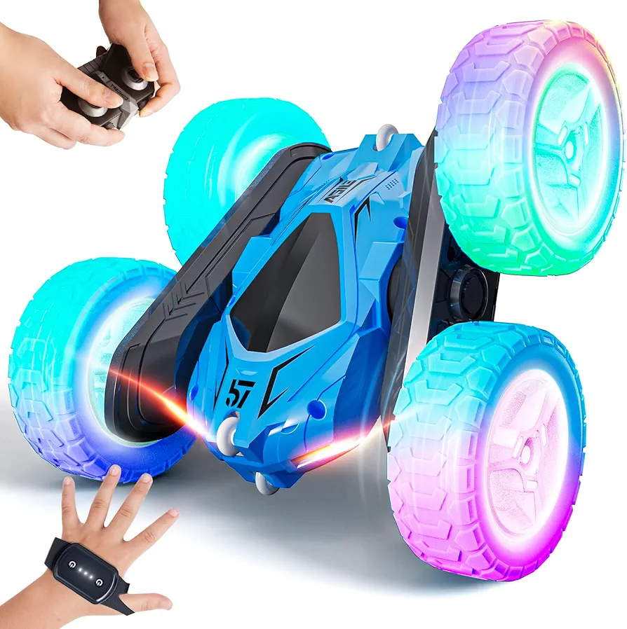 Tecnock Remote Control Car, RC Cars Double Sided 360° Rotating Toy Car, Gesture Sensing RC Stunt Car with Headlights and Wheel Lights, Ideal Gifts for Boys Girls