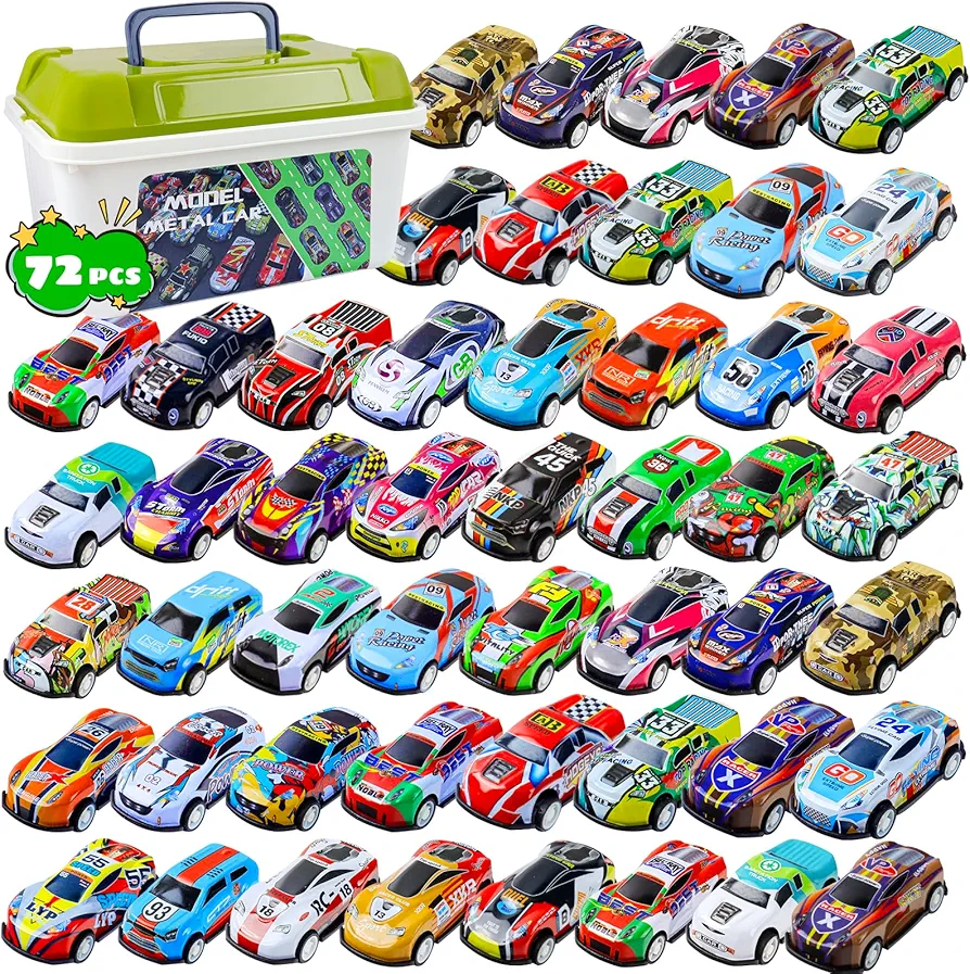 Toy Cars Party Favors, 72Pcs Pull Back Cars Bulk with Storage Box, Mini Race Cars for Kids, Birthday Gift, Goodies Bag, Classroom Prizes, School Rewards, Party Bag Fillers (Random)