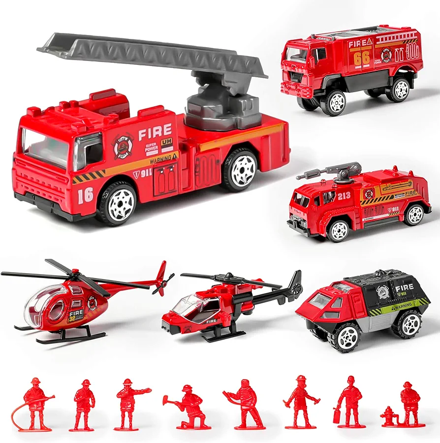 14 Pack Die-cast Fire Truck Vehicles Sets,6 Pack Alloy Metal Fire Engine Models Car Toys and 8 Pack Firefighter, Mini Rescue Emergency Playset for Kids Boys Girls Birthday Christmas Party Favors