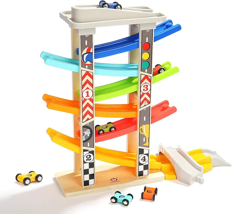 TOP BRIGHT Toddler Car Track Toys for Boy 2 Year Old Gifts with Car Ramps 6 Wood Race Car 1 Parking Garage & Extra Bridge