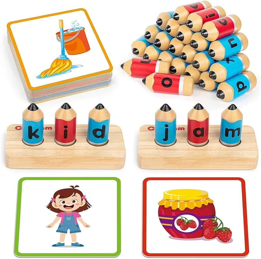 Coogam Wooden Short Vowel Spelling Games, Learn to Spell CVC Sight Words Educational Flashcards Fine Motor Montessori Alphabet Toy Gift for Kids 3 4 5 Years Old